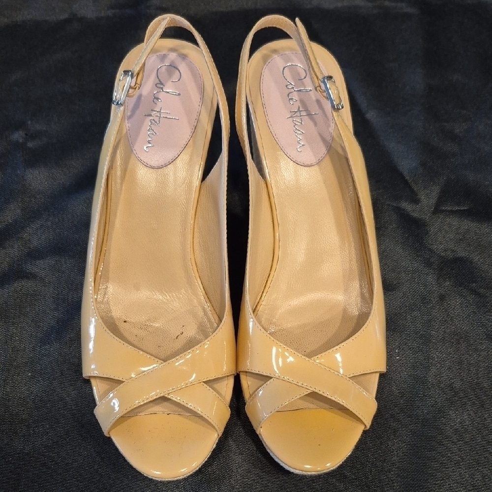 Cole Haan Delena Air Wedge Patent Tan Peep-Toe Slingback Heels